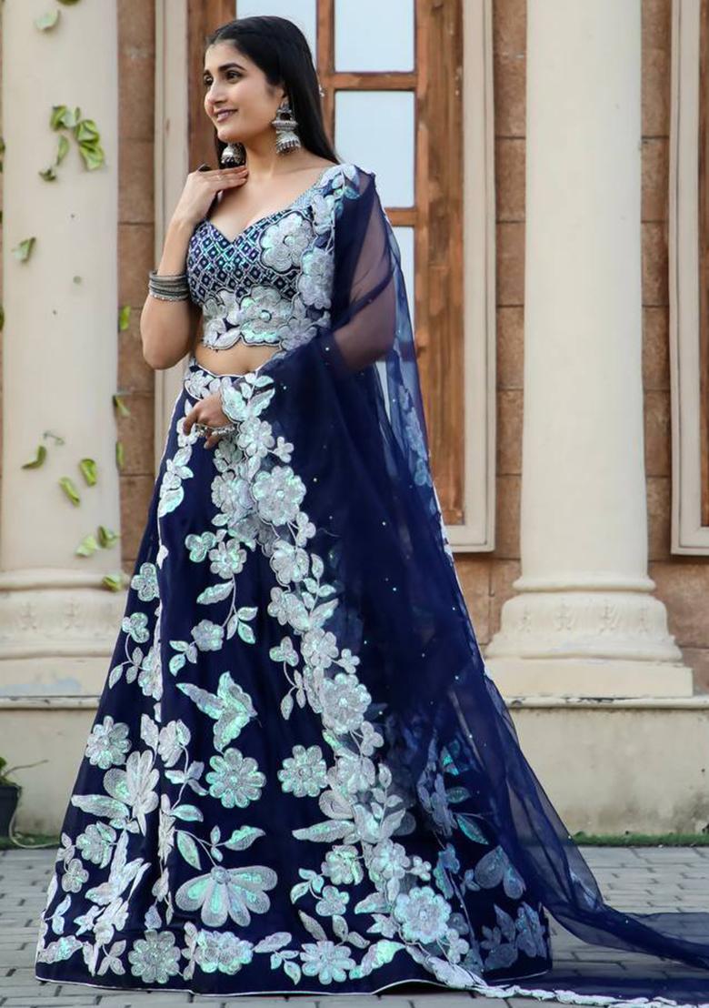 Multi Color Sequins Embroidery Work Georgette Lehenga Set - Indya