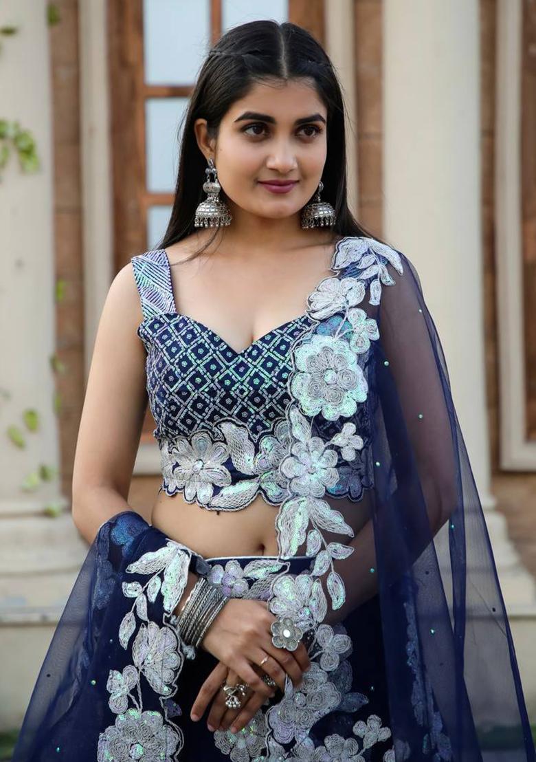 Multi Color Sequins Embroidery Work Georgette Lehenga Set - Indya