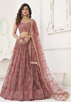 Onion Pink Thread Embroidered Net Lehenga Set