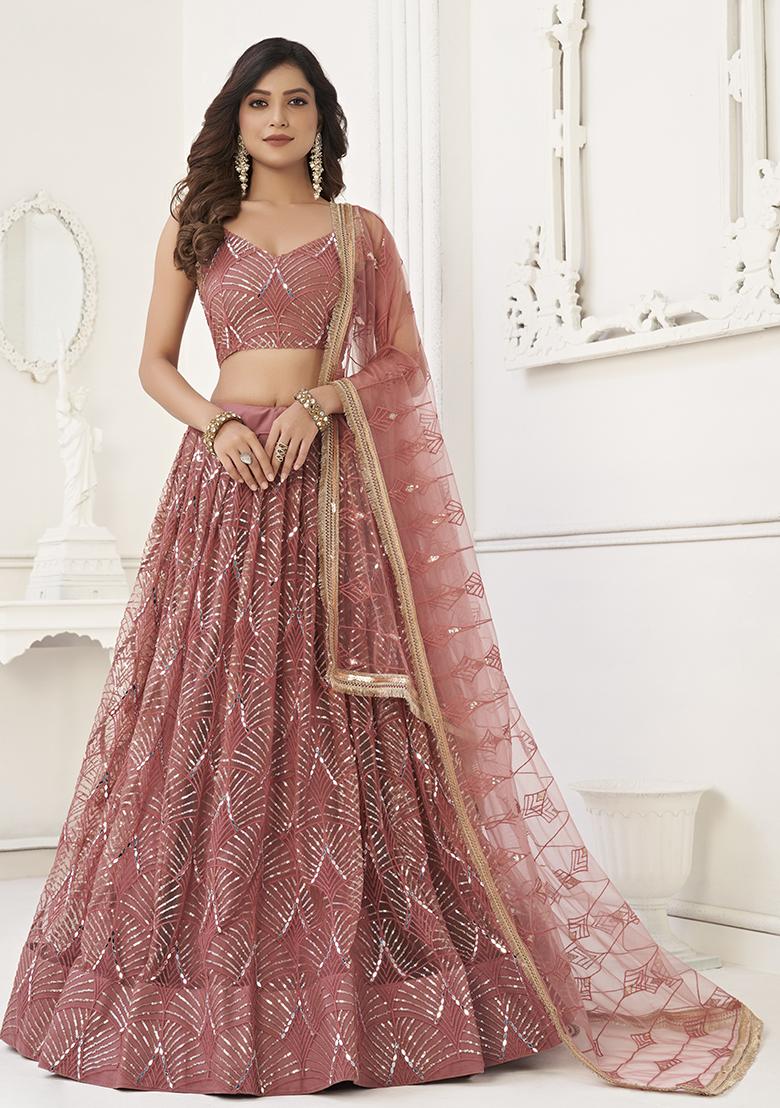 Onion Pink Thread Embroidered Net Lehenga Set