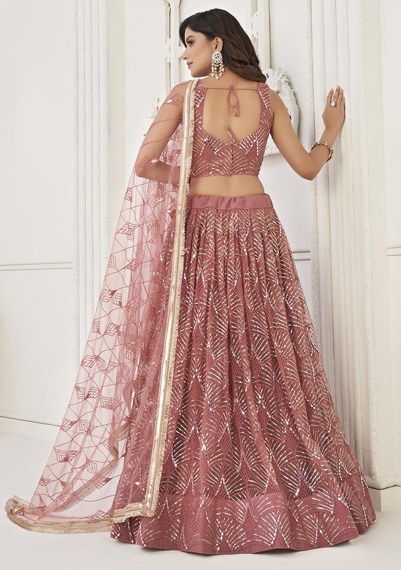 Onion Pink Thread Embroidered Net Lehenga Set