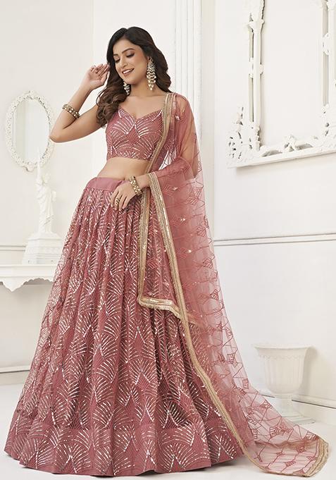 Onion Pink Thread Embroidered Net Lehenga Set