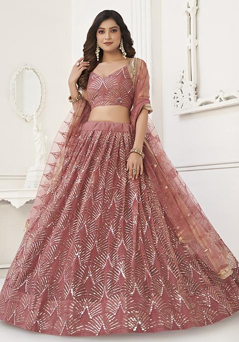 Onion Pink Thread Embroidered Net Lehenga Set