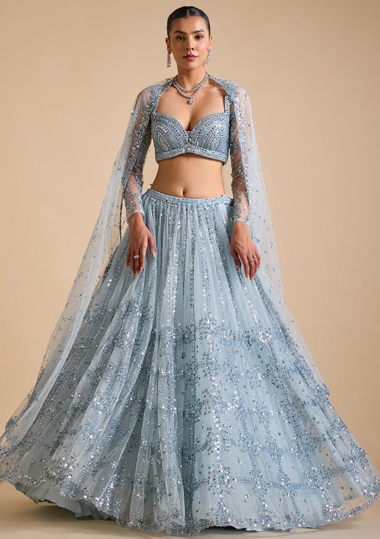 Multi Color Sequins Embroidery Work Net Lehenga Set - Indya