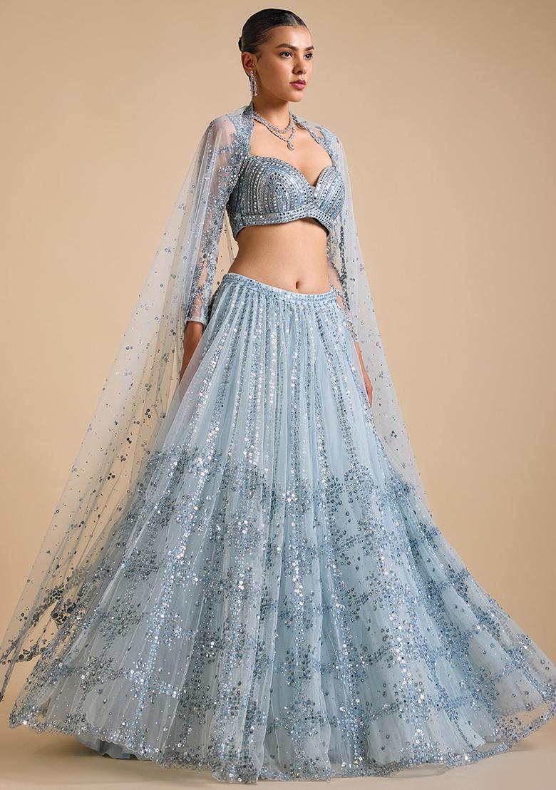 Multi Color Sequins Embroidery Work Net Lehenga Set - Indya