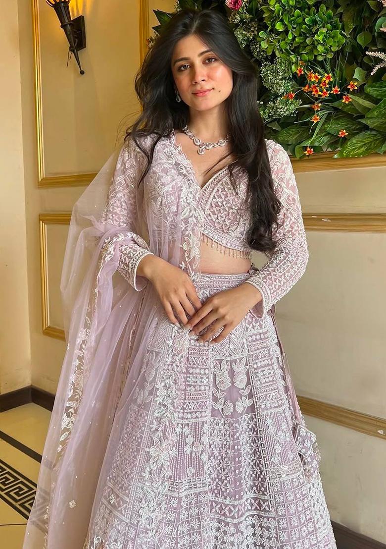 Multi Color Sequins Embroidery Work Net Lehenga Set - Indya