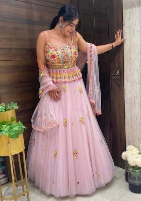 Multi Color Sequins Embroidery Work Net Lehenga Set