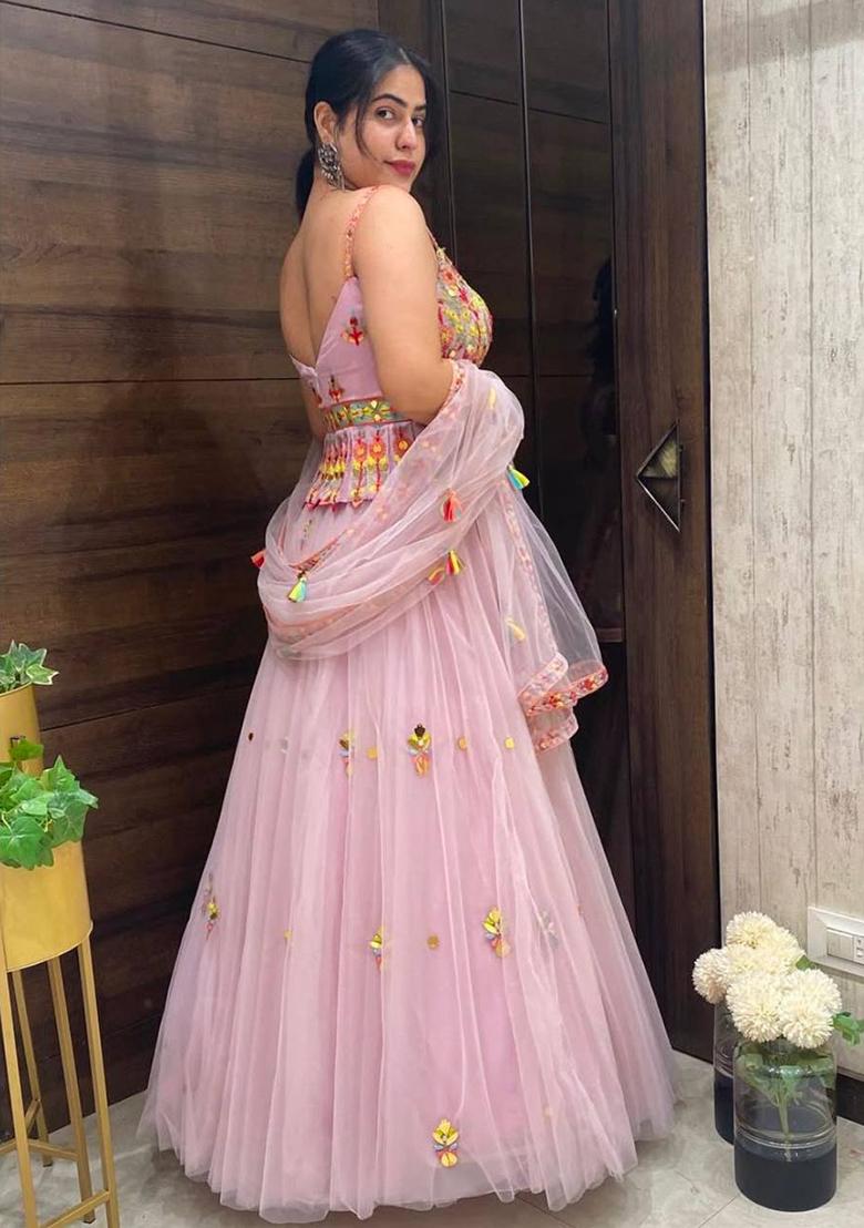 Multi Color Sequins Embroidery Work Net Lehenga Set - Indya
