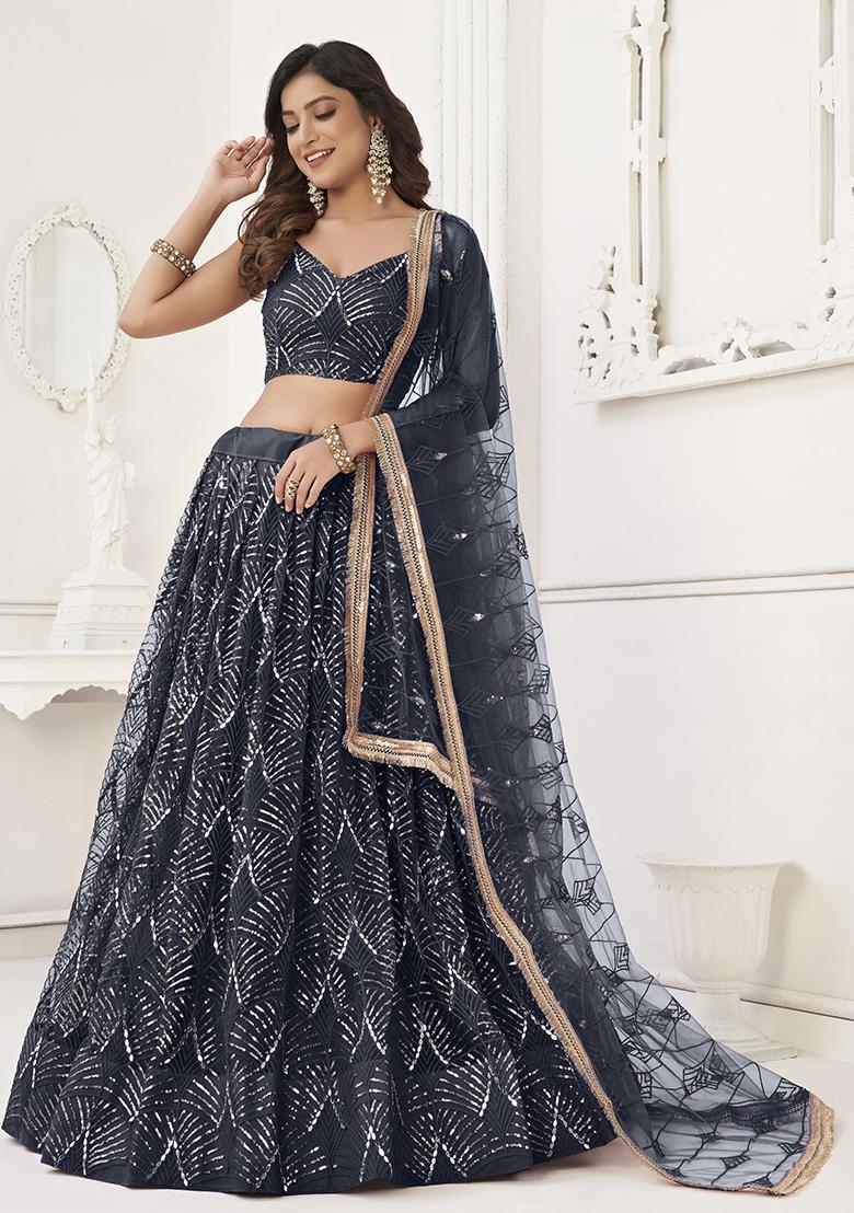 Black Thread Embroidered Net Lehenga Set