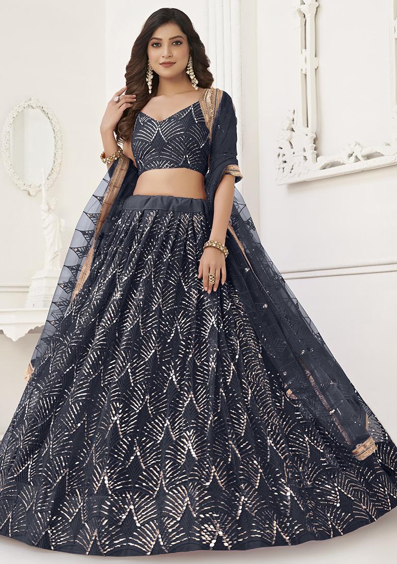 Black Thread Embroidered Net Lehenga Set - Indya