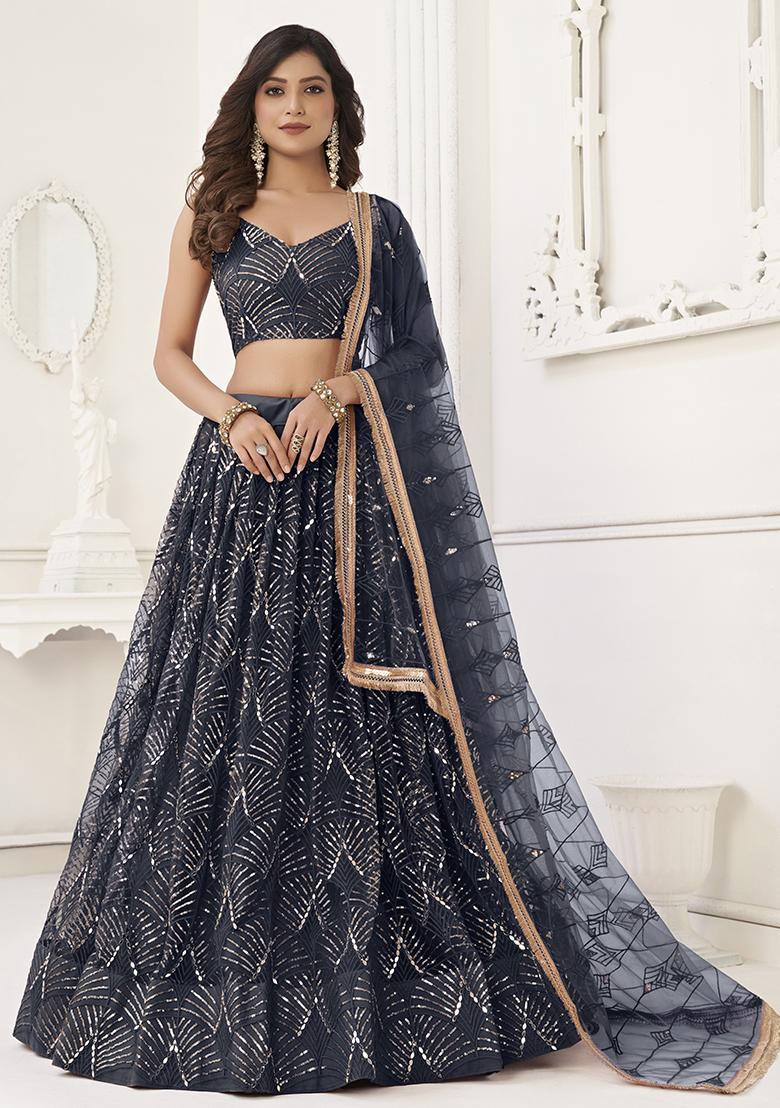 Black Thread Embroidered Net Lehenga Set - Indya