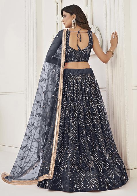 Black Thread Embroidered Net Lehenga Set