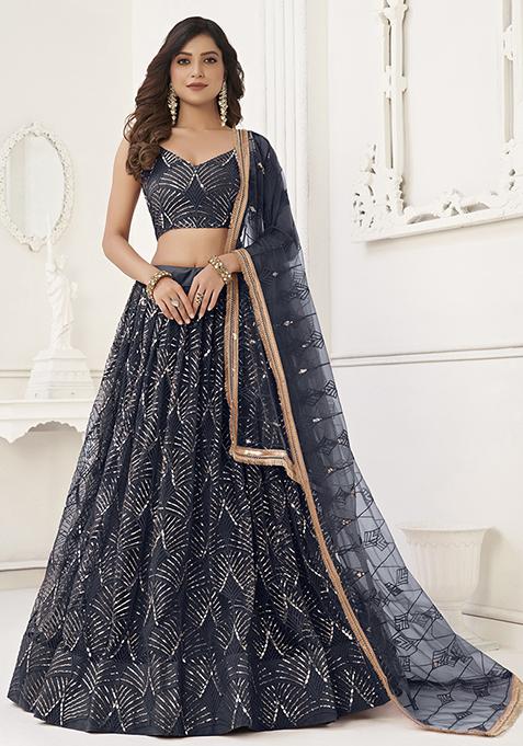 Black Thread Embroidered Net Lehenga Set