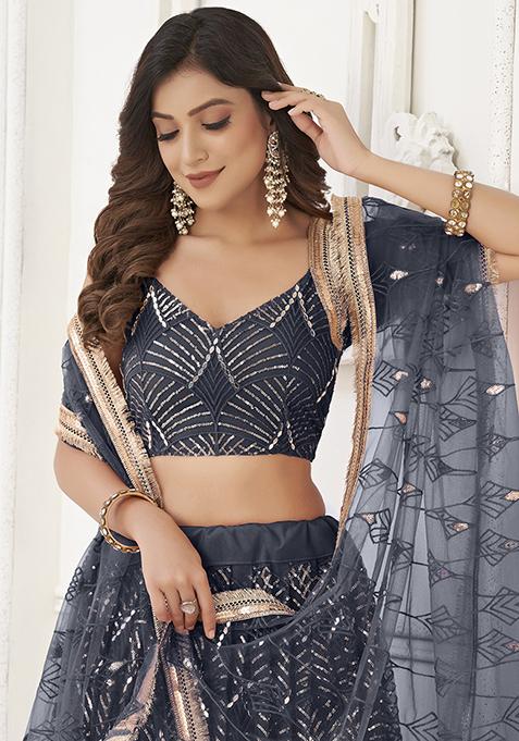 Black Thread Embroidered Net Lehenga Set