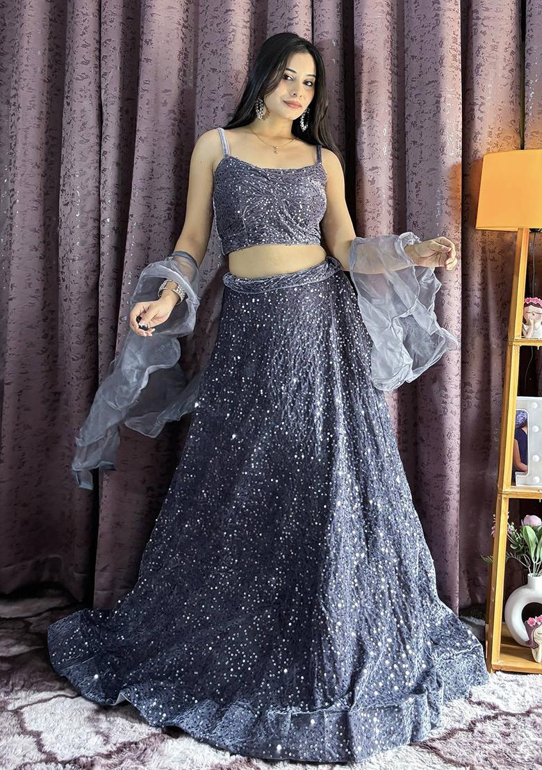 Multi Color Sequins Embroidery Work Velvet Lehenga Set - Indya