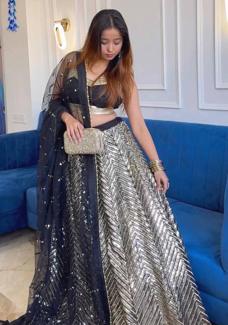 Multi Color Sequins Embroidery Work Georgette Lehenga Set - Indya