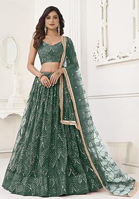 Bottle Green Thread Embroidered Net Lehenga Set
