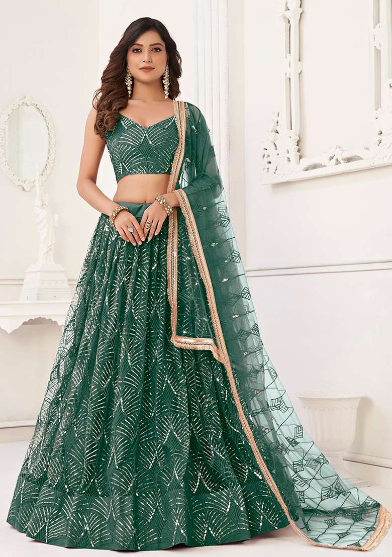 Bottle Green Thread Net Lehenga Set with Embroidered for Diwali | Wedding & Festive Wear - Indya