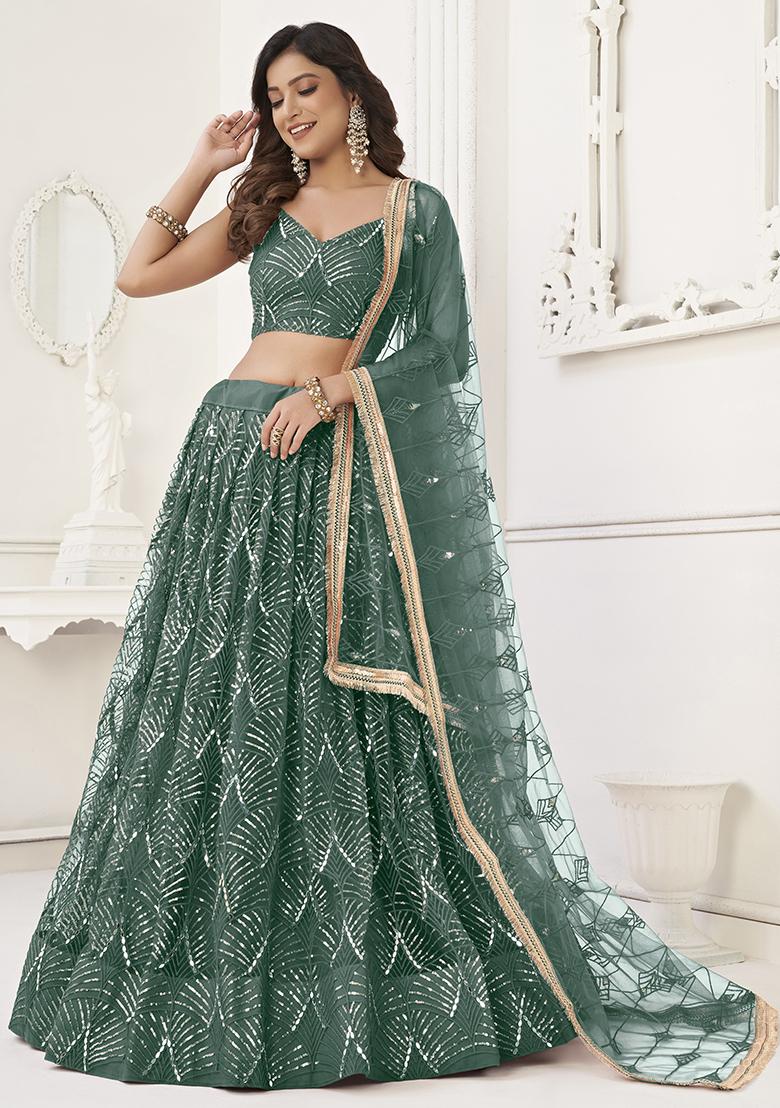 Bottle Green Thread Embroidered Net Lehenga Set - Indya
