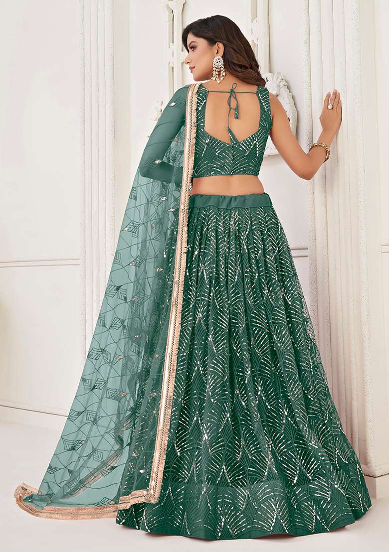 Bottle Green Thread Net Lehenga Set with Embroidered for Diwali | Wedding & Festive Wear - Indya