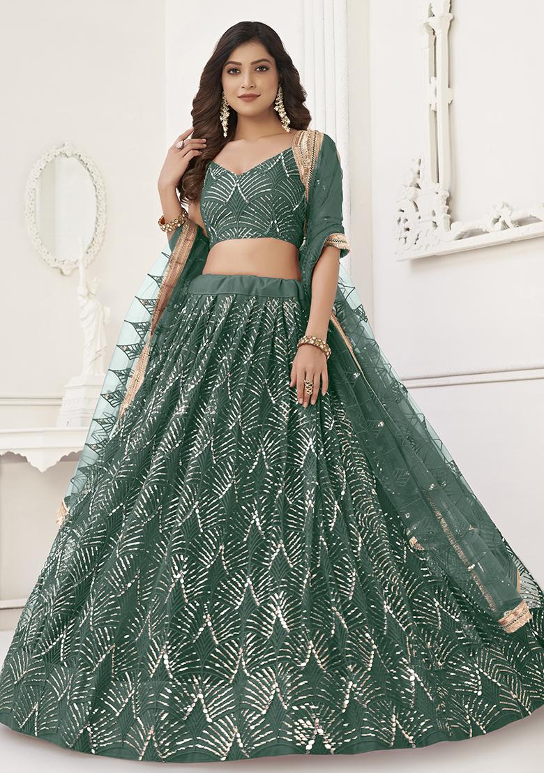 Bottle Green Thread Embroidered Net Lehenga Set - Indya