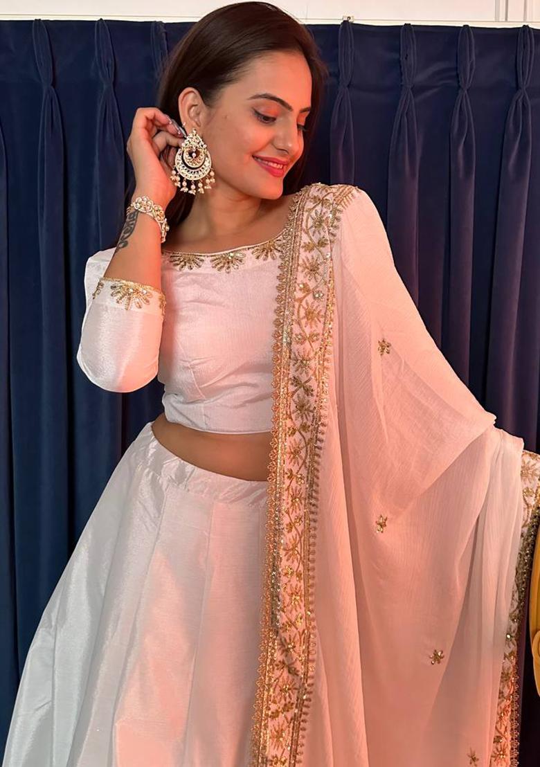 Multi Color Sequins Embroidery Work Silk Lehenga Set - Indya