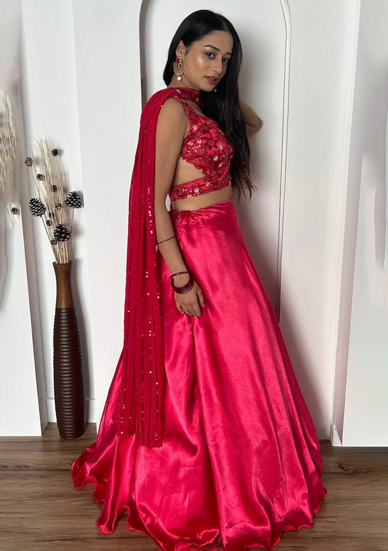 Multi Color Sequins Embroidery Work Silk Lehenga Set - Indya