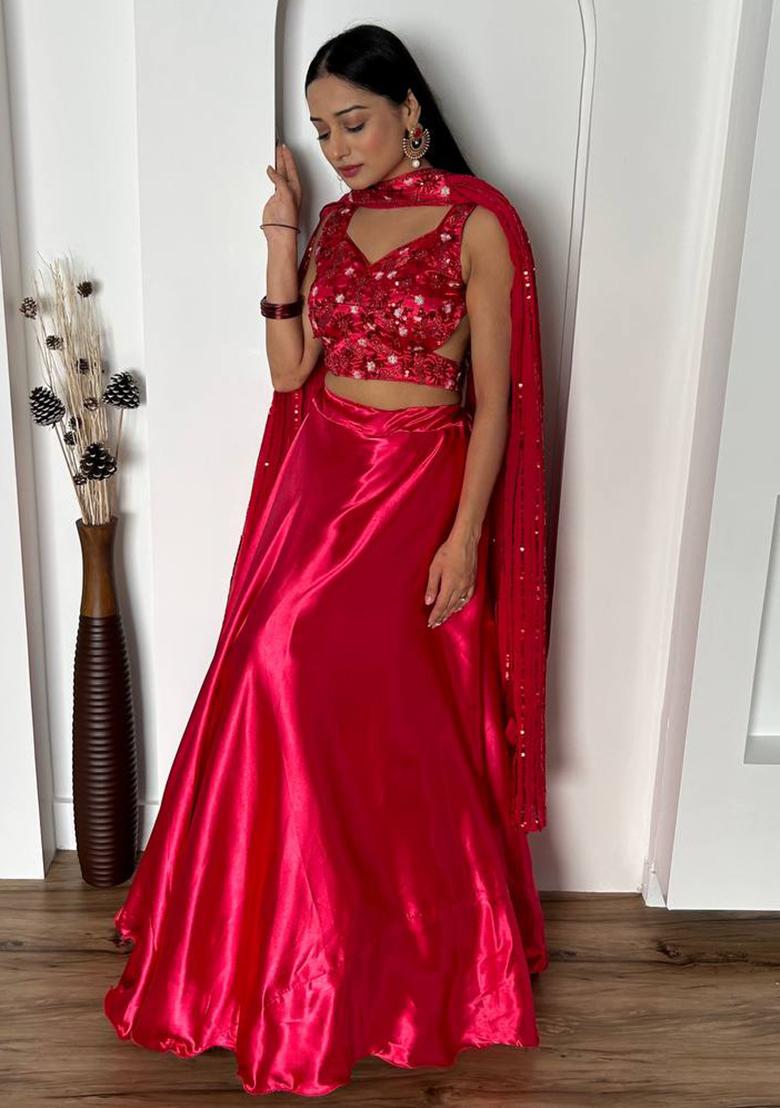 Multi Color Sequins Embroidery Work Silk Lehenga Set - Indya