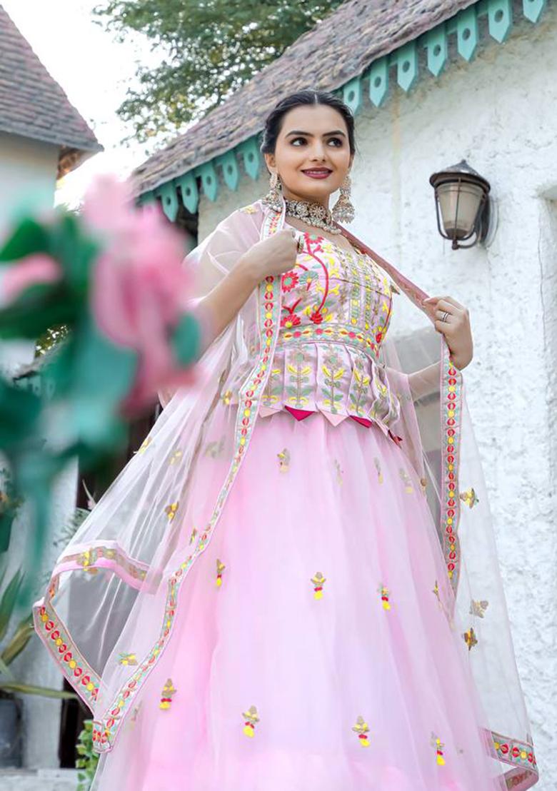 Multi Color Sequins Embroidery Work Net Lehenga Set - Indya