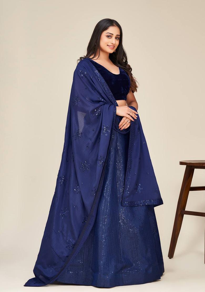 Multi Color Sequins Embroidery Work Silk Lehenga Set - Indya