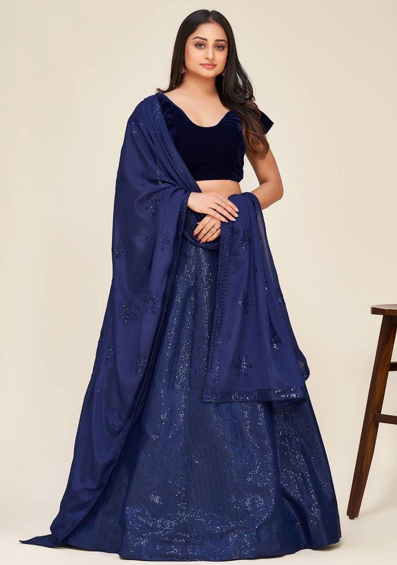 Multi Color Sequins Embroidery Work Silk Lehenga Set - Indya