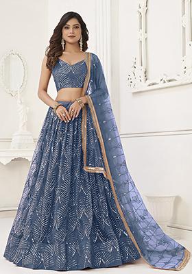Turquoise Blue Thread Embroidered Net Lehenga Set