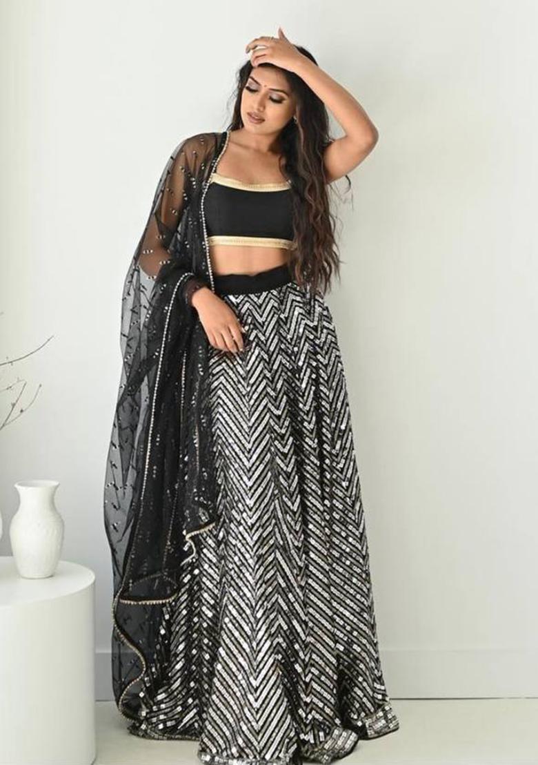 Multi Color Sequins Embroidery Work Georgette Lehenga Set - Indya