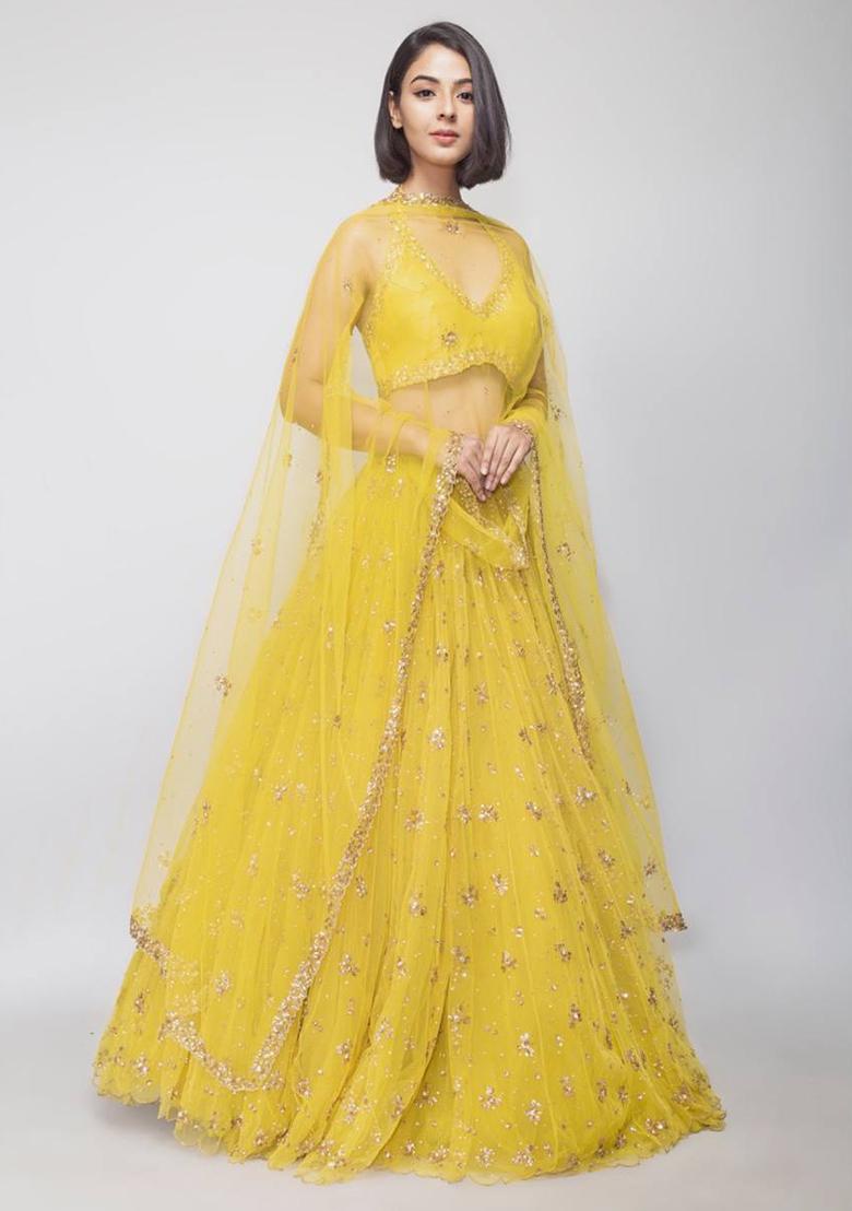 Multi Color Sequins Embroidery Work Net Lehenga Set - Indya