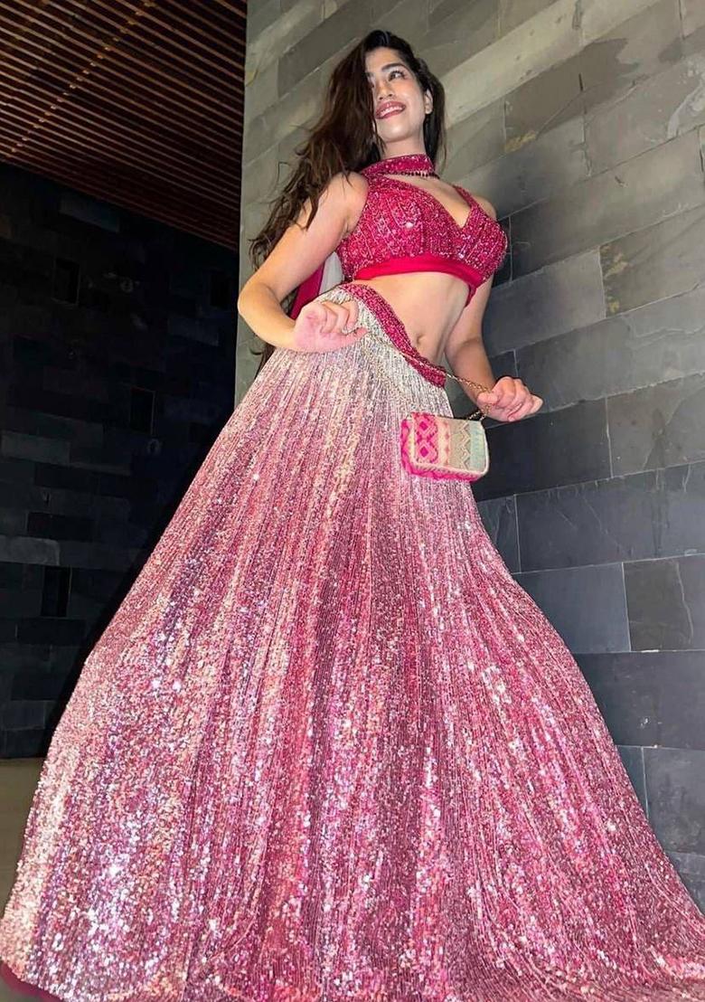 Multi Color Sequins Embroidery Work Silk Lehenga Set - Indya