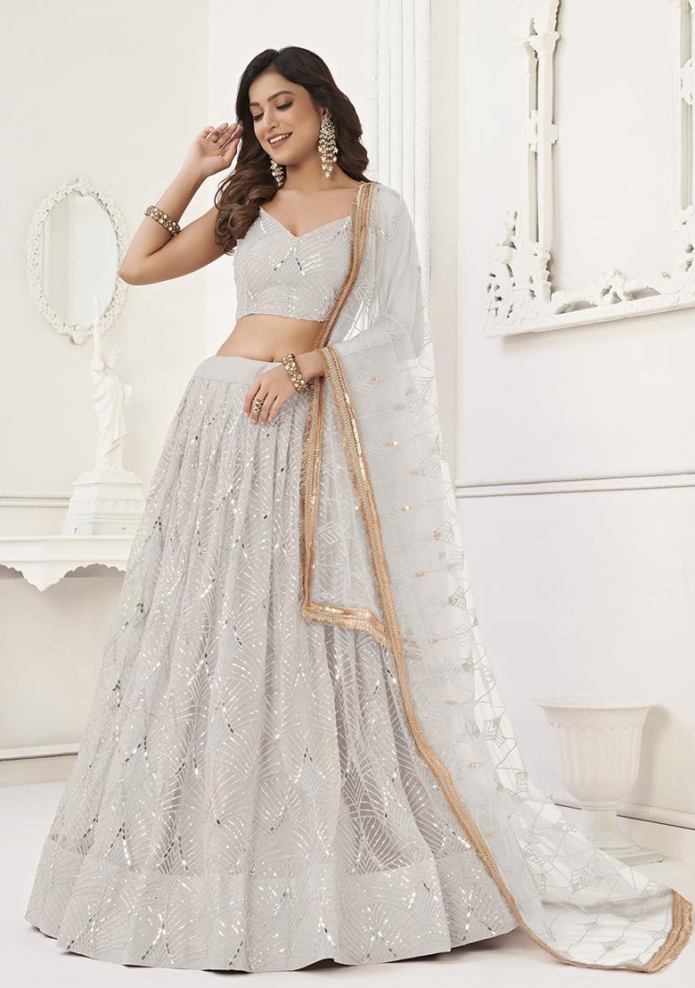 White Thread Embroidered Net Lehenga Set