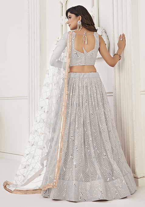 White Thread Embroidered Net Lehenga Set