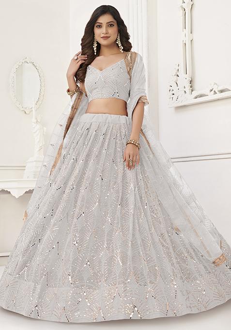 White Thread Embroidered Net Lehenga Set