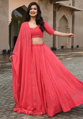 Pink Sequins Embroidery Work Georgette Lehenga Set