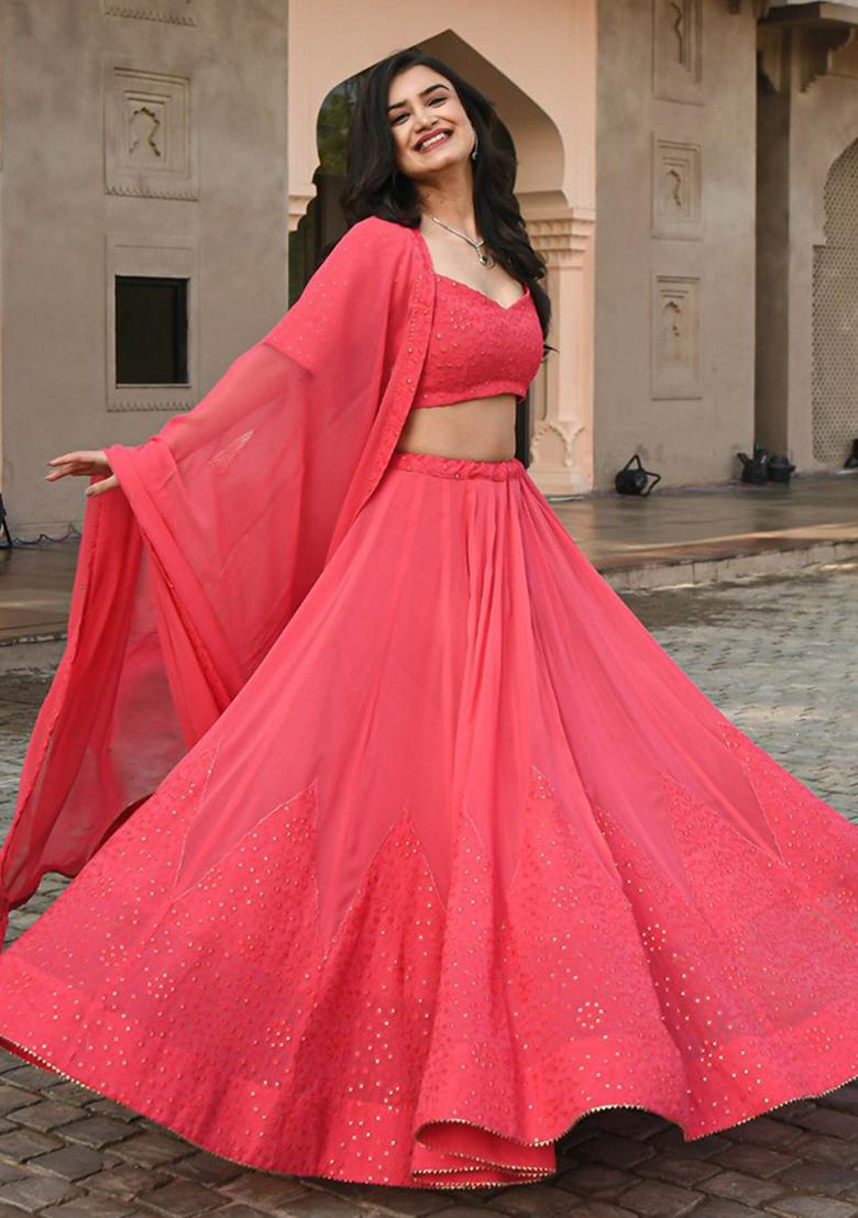 Pink Sequins Embroidery Work Georgette Lehenga Set - Indya