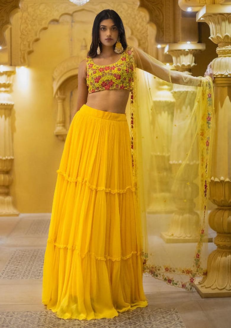 Yellow Sequins Embroidery Work Georgette Lehenga Set - Indya