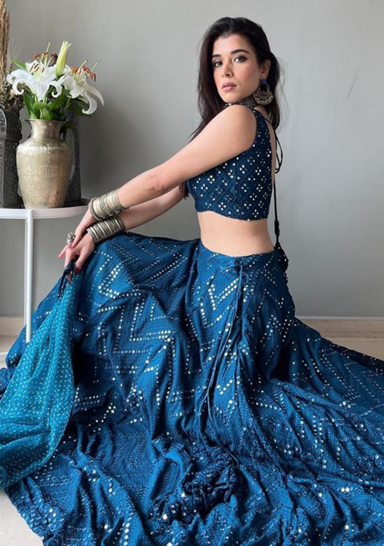 Blue Sequins Embroidery Work Georgette Lehenga Set - Indya