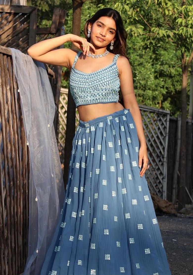 Blue Sequins Embroidery Work Georgette Lehenga Set - Indya