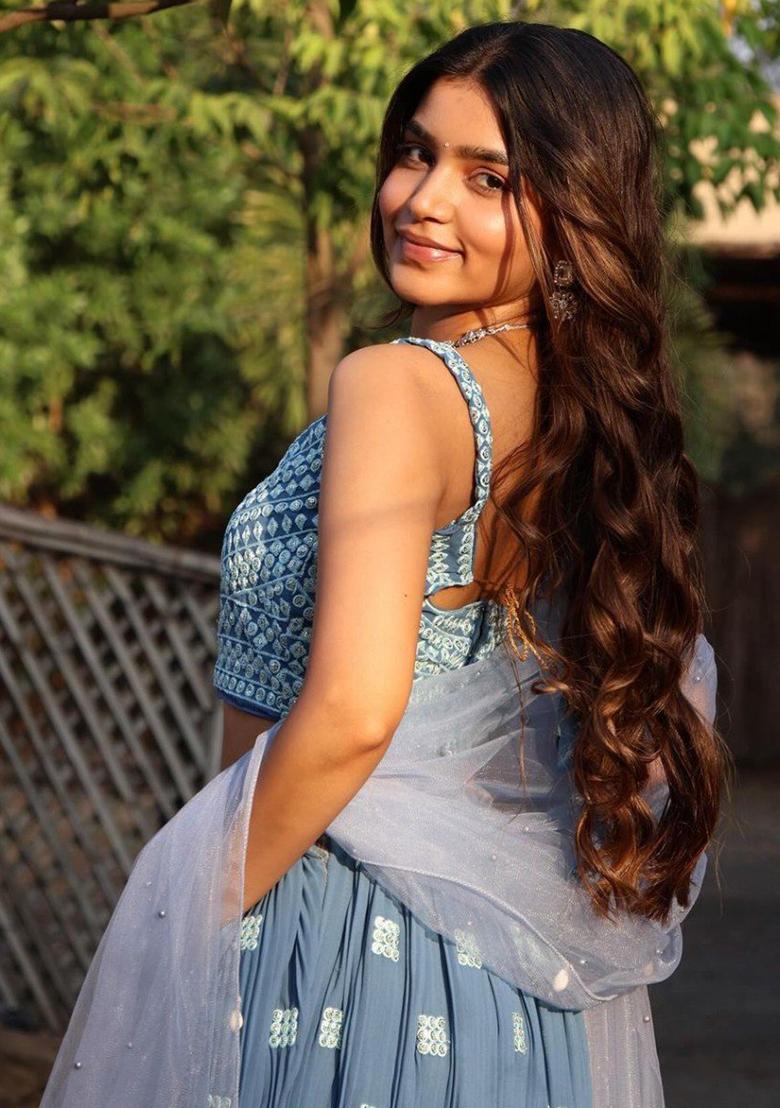 Blue Sequins Embroidery Work Georgette Lehenga Set - Indya