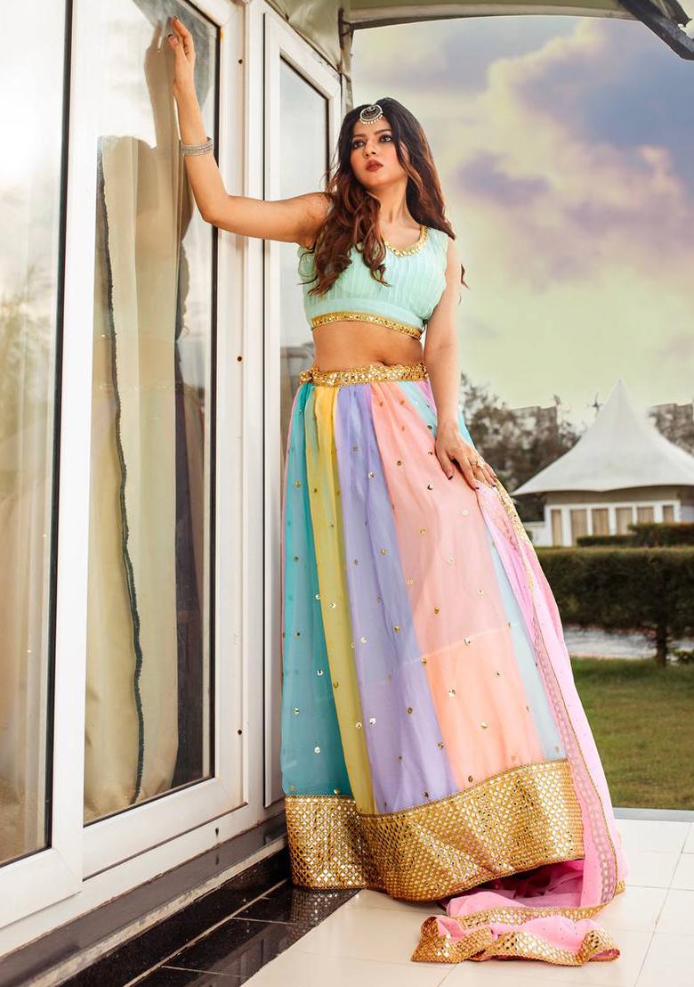 Multi Color Sequins Embroidery Work Georgette Lehenga Set - Indya