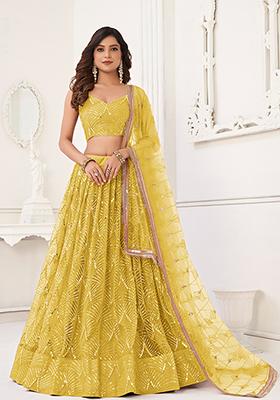 Yellow Thread Embroidered Net Lehenga Set