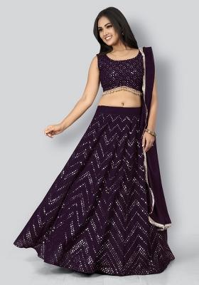 Wine Sequins Embroidery Work Georgette Lehenga Set