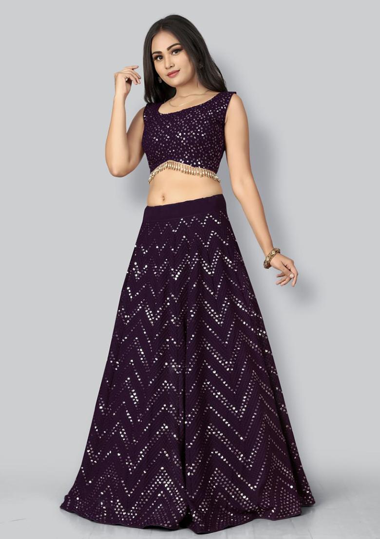 Wine Sequins Embroidery Work Georgette Lehenga Set - Indya