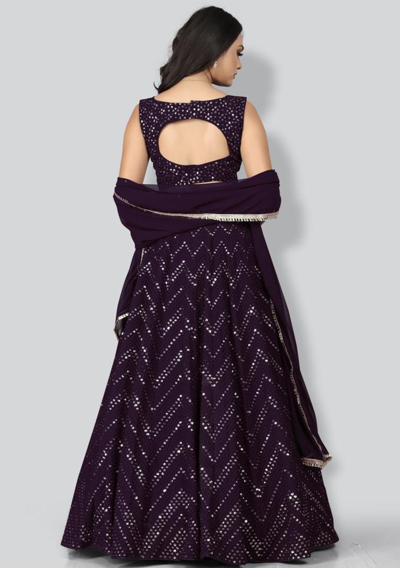 Wine Sequins Embroidery Work Georgette Lehenga Set - Indya