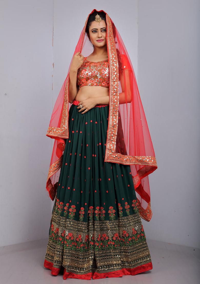 Green Sequins Embroidery Work Georgette Lehenga Set - Indya